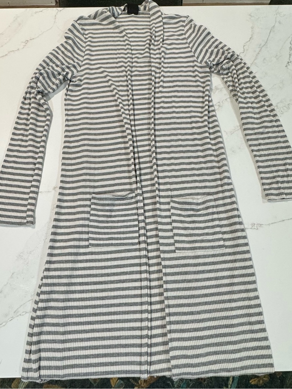 Agnes & Dora Gray and White Striped Long Open Front Cardigan
